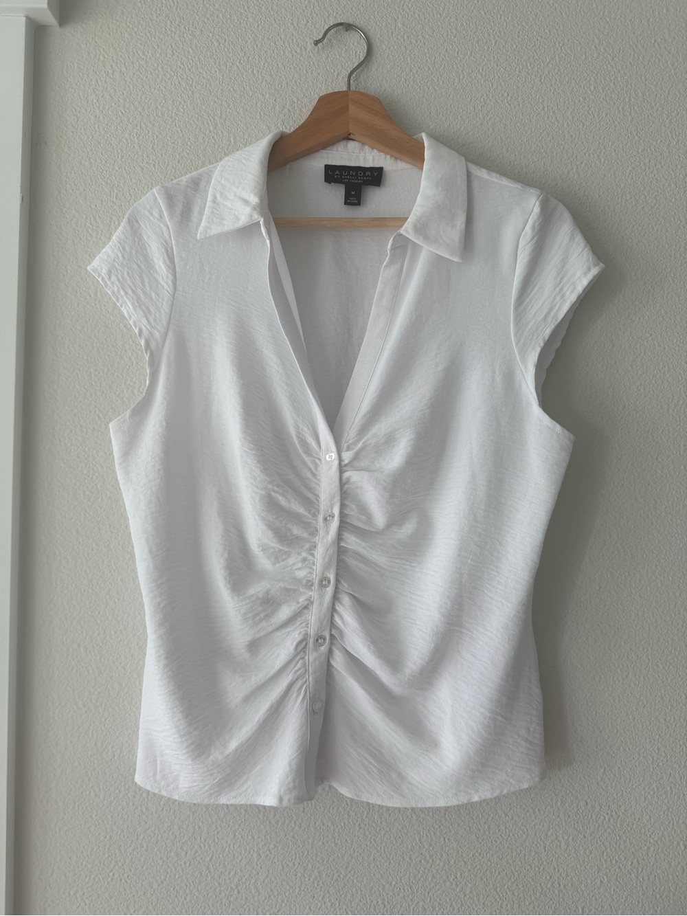 🤍 Laundry by Shelli Segal White Ruched Soft Girl Cap Sleeve Blouse M 🤍